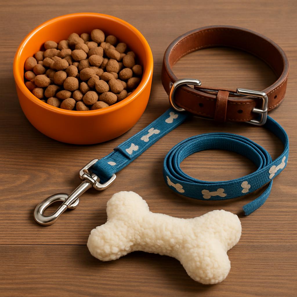 A collection of dog supplies, including a bowl of dry kibble, a brown leather collar, a blue leash with dog bones, and a p...