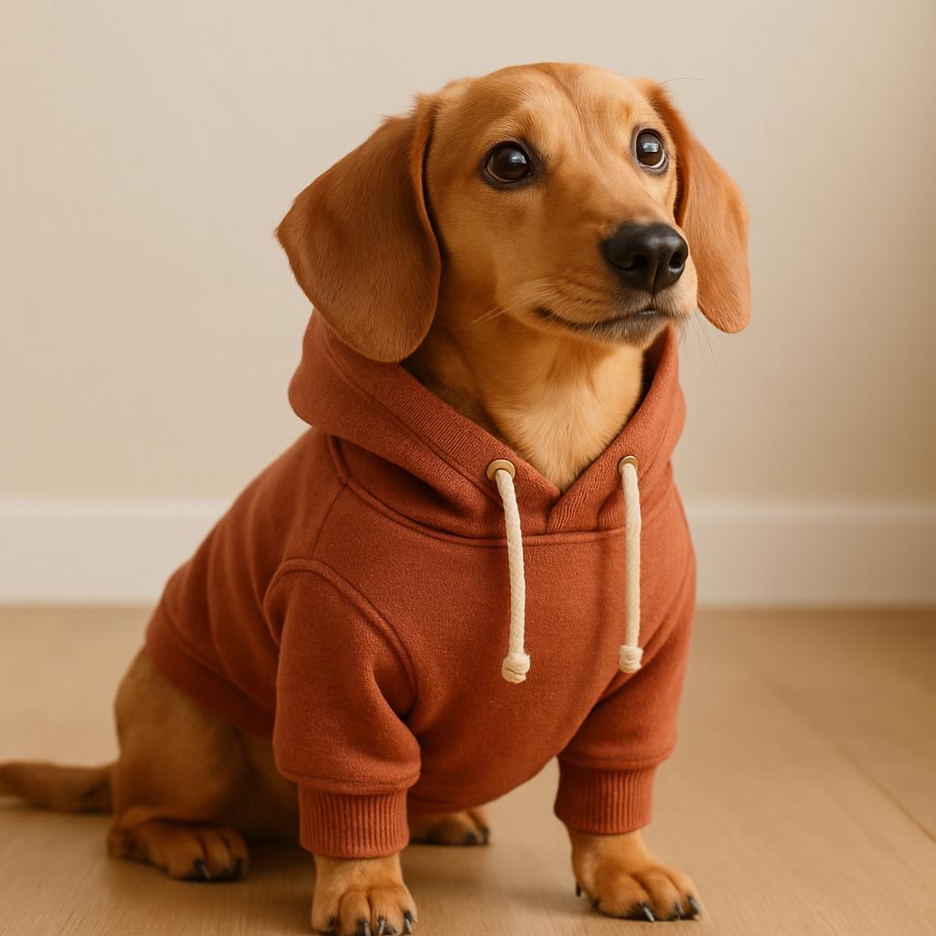 The image features a dachshund wearing a terracotta-colored hoodie with white drawstrings.