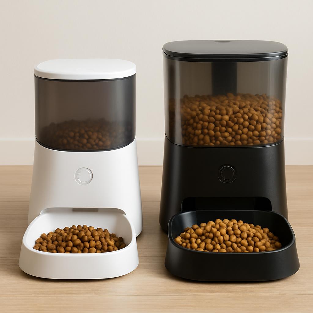 Two large pet food storage containers. The ones on the left and right are white and black, respectively. Each bin contains...